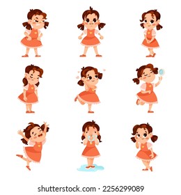 Funny Little Girl in Red Dress Expressing Different Emotion Vector Set