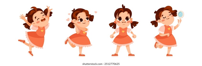 Funny Little Girl in Red Dress Expressing Emotion Vector Illustration Set