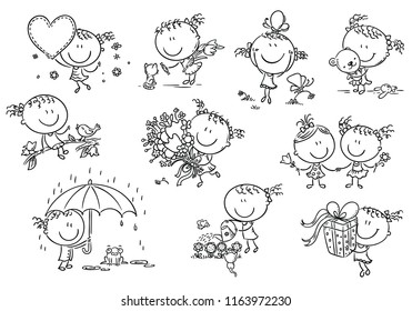 A funny little girl set with toys, flowers, animals, friends in cute situations