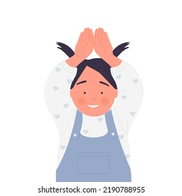 Funny little girl showing gesture. Smiling kid with raised hands vector illustration