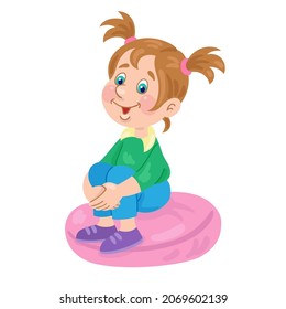 Funny little girl sits on a pillow with bent legs and crossed arms. In cartoon style. Isolated on white background. Vector illustration.