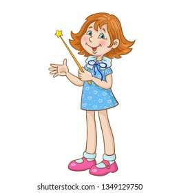 Funny little girl stands with a magic wand in hand. In cartoon style. Isolated on white background. Vector illustration