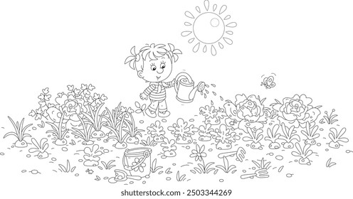 Funny little girl watering green vegetables in her kitchen garden on a sunny summer day, black and white outline vector cartoon illustration for a coloring book