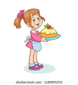 Funny little girl whith big pie. In cartoon style. Isolated on white background. Vector illustration
