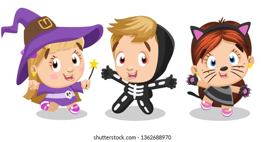 Funny little girls and boy posing in costumes of witch, skeleton, cat. Concept of halloween party, entertainment, masquerade, kid`s drama school. Cartoon vector clipart isolated on white background.