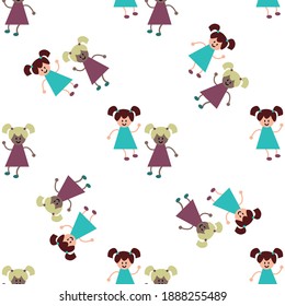Funny little girls dansing together. Vector pattern illustration for children