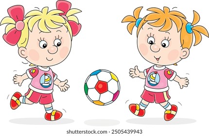 Funny little girls football players playing a ball during a match or train on a sports field, vector cartoon illustration isolated on a white background