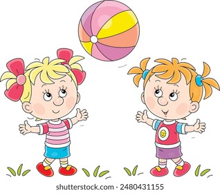 Funny little girls merrily playing a big striped ball on a playground in a summer park, vector cartoon illustration isolated on a white background