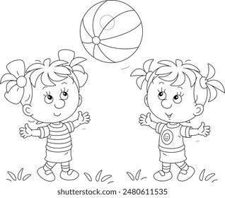 Funny little girls merrily playing a big striped ball on a playground in a summer park, black and white vector cartoon illustration for a coloring book