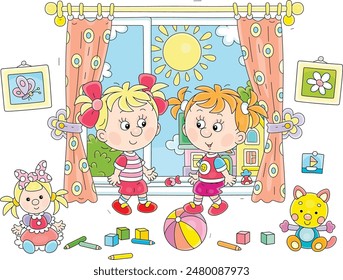 Funny little girls sitting on a windowsill in a nursery room with scattered toys and talking happily on a sunny summer day, vector cartoon illustration on a white background