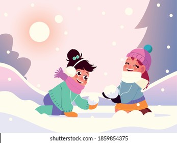 funny little girls with warm clothes playing in the snow, winter scene vector illustration