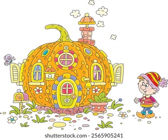 Funny little gnome and his cozy small house made from a big orange pumpkin with decorated windows and curtains, a beautiful door and a chimney pipe, vector cartoon illustration on white