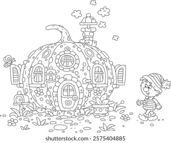 Funny little gnome and his cozy small house made from a big orange pumpkin with decorated windows and curtains, a beautiful door and a chimney pipe, black and white vector cartoon illustration