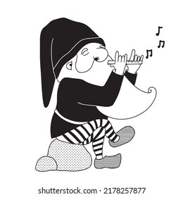 funny little gnome playing the pipe, hand drawn illustration, vector clipart with cartoon character good for card and print children's design