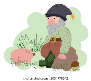A funny little gnome sits on a stone and looks after a pink pig. Cartoon hero. Cute adorable character. Vector flat hand drawn illustration isolated on white.