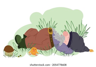 A funny little gnome sleeps in the grass, a small yellow cling sits next to him. Cartoon hero. Cute adorable character. Vector flat hand drawn illustration isolated on white.