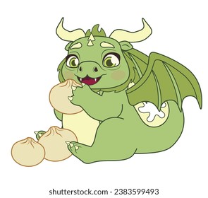 Funny little green dragon with a food. Vector illustration.