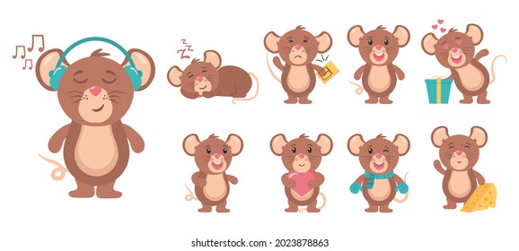 Funny Little Grey Mouse Collection. Mouse Cartoon Animal, Little Rodent Adorable, Happy Cheerful Mascot Vector Illustration. Set Of Cute Mice On White Background. Little Rat With Food, Character.