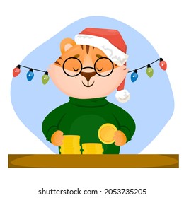 Funny little happy tiger cub in New Year's Santa hat counts coin money. Winter vector character illustration in flat style.