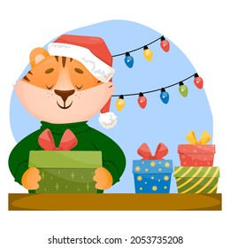 Funny little happy tiger cub in New Year's Santa hat packs new year box gifts. Winter vector character illustration in flat style.
