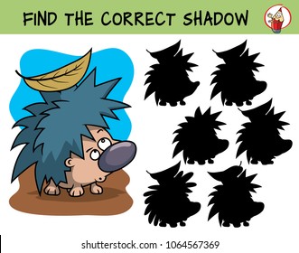 Funny little hedgehog. Find the correct shadow. Educational matching game for children. Cartoon vector illustration