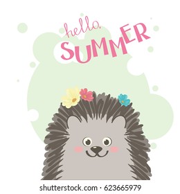 Funny little hedgehog smiling at flowers of various colors stuck on its needles, single composition in a light green frame on white background, with a Hello Summer lettering. Vector illustration.