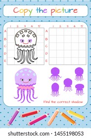 Funny little jellyfish. Educational game for children. Copy the picture. Coloring book. Cartoon vector illustration