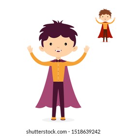 Funny little kid in costume of vampire for Halloween. Happy boy isolated on white background. Illustration can be used for children's holiday or clothing design, cards, invitations and banners