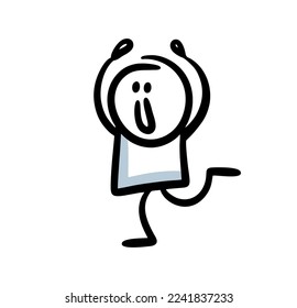 Funny little kid does gymnastic exercises, takes yoga poses and dances. Vector illustration of hand drawn sporty stickman.