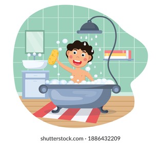 Funny Little Kid Having Bath. Flat cartoon vector illustration