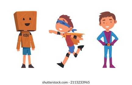 Funny Little Kid Wearing Carnival and Party Costume Vector Set