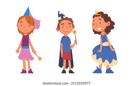 Funny Little Kid Wearing Carnival and Party Costume Vector Set
