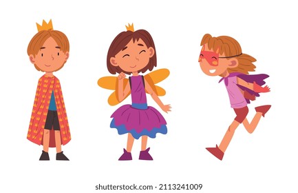 Funny Little Kid Wearing Carnival and Party Costume Vector Set