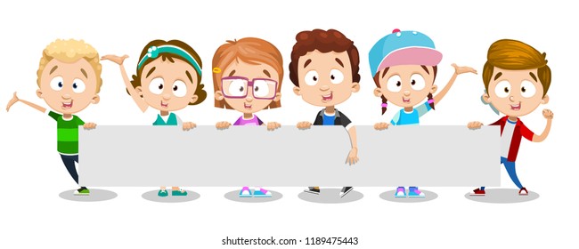 Funny little kids holding blank horizontal banner with copy space. Cute children showing advertising billboard. Creative template for kids products or services promotion isolated vector illustration.