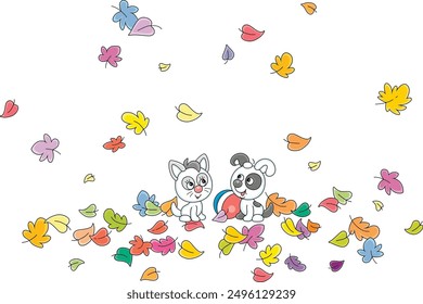 Funny little kitten and puppy with a ball among colorful autumn leaves flying around, vector cartoon illustration on a white background