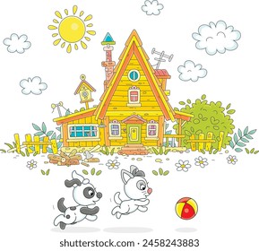 Funny little kitten and puppy merrily playing with a ball in a yard of a pretty village house in countryside on a sunny summer day, vector cartoon illustration on a white background