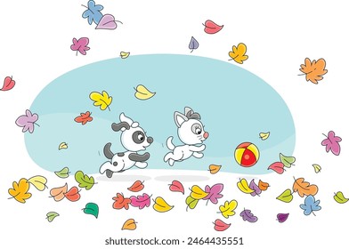 Funny little kitten and puppy merrily playing with a ball among colorful autumn leaves flying around, vector cartoon illustration on a white background