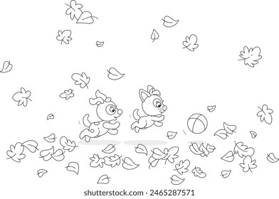 Funny little kitten and puppy merrily playing with a ball among autumn leaves flying around, black and white outline vector cartoon illustration for a coloring book