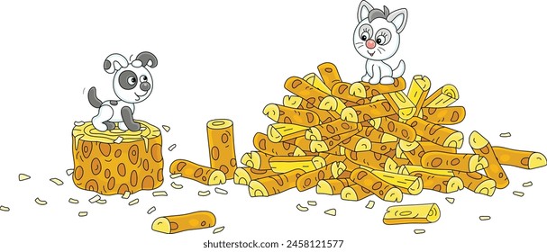 Funny little kitten and puppy playing among billets on a large pile of chopped firewood in a yard of a village house, vector cartoon illustration on white