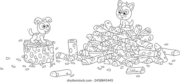 Funny little kitten and puppy playing among billets on a large pile of chopped firewood in a yard of a village house, black and white outline vector cartoon illustration for a coloring book