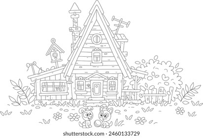 Funny little kitten and puppy playing with a ball in a yard of a pretty village house in countryside on summer vacation, black and white vector cartoon illustration for a coloring book