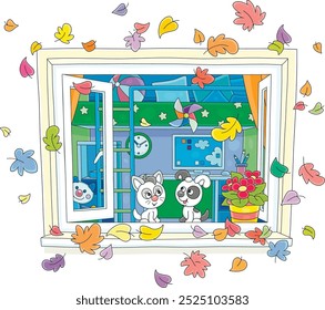 Funny little kitten and puppy sitting on a windowsill of an open window in a nursery room and looking at colorful autumn leaves flying around, vector cartoon illustration on a white background