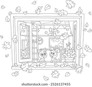 Funny little kitten and puppy sitting on a windowsill of an open window in a nursery room and looking at autumn leaves flying around, black and white vector cartoon illustration for a coloring book