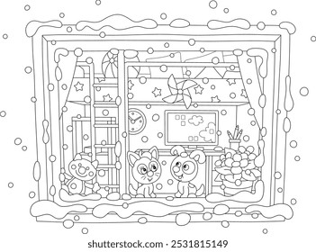 Funny little kitten and puppy sitting on a windowsill and watching merry swirling snowflakes outside a window on a cold and snowy winter day, black and white vector cartoon illustration