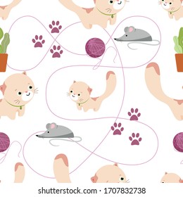 Funny little kitten seamless pattern. Flat cartoon style illustration.
