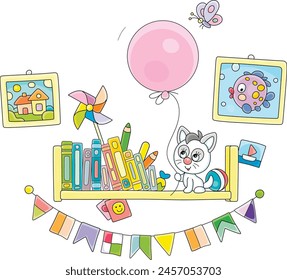 Funny little kitten sitting on a decorated bookshelf with children’s books and playing with a big pink balloon and merry butterfly flying around, vector cartoon illustration on a white background