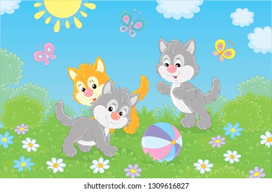 Funny little kittens playing with a colorful ball and butterflies on green grass among flowers on a sunny day, vector illustration in a cartoon style