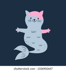 Funny little kitty. Cat mermaid. Animal flat illustration. Cartoon character illustration  for kids game, book, t-shirt, card, print. Vector clipart