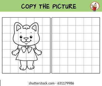 Funny little kitty in a dress. Copy the picture. Coloring book. Educational game for children. Cartoon vector illustration