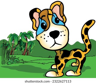 Funny Little Leopard with Blue Eyes and Turned Head - Colored Cartoon Illustration with Background, Vector